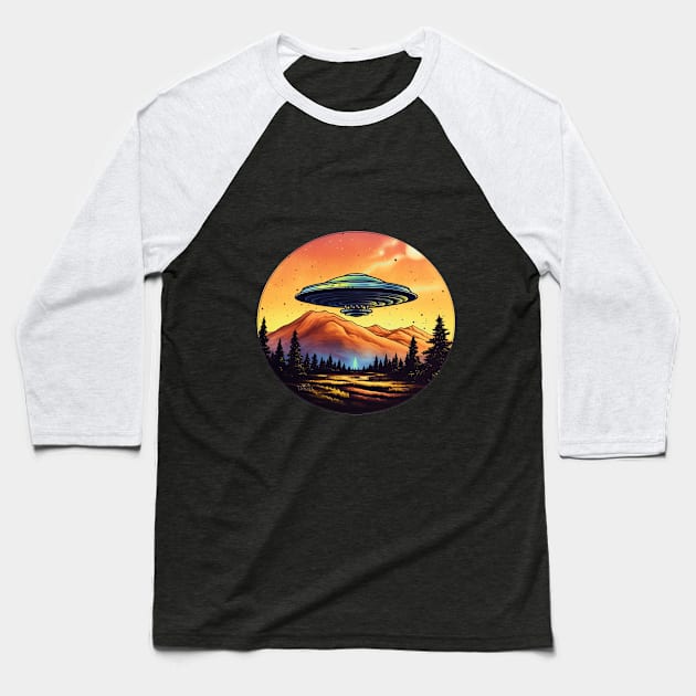 UFO flying over the mountains Baseball T-Shirt by PitubeArt